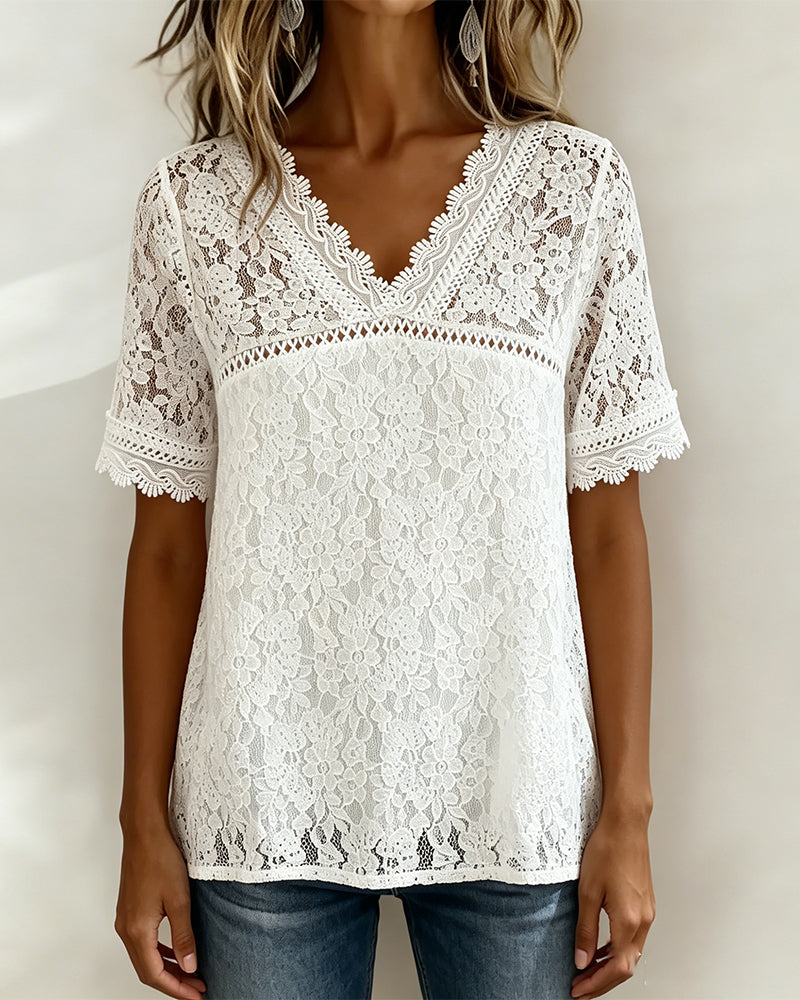 Solid Color Short Sleeve Lace Blouse