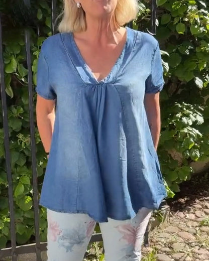 Loose-Fit V-Neck Denim Blouse