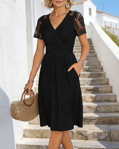 Mesh Splicing V-Neck A Hem Dress