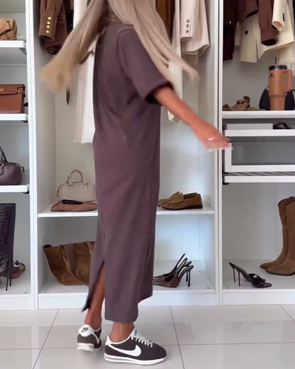 Solid Round Neck Slit Tunic Dress
