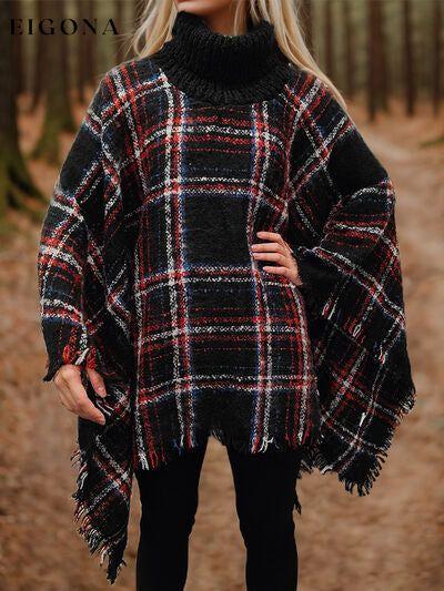 Turtleneck Plaid Raw Hem Sweater Fashion Poncho Black One Size Clothes Outerwear Romantichut Ship From Overseas Sweater sweaters