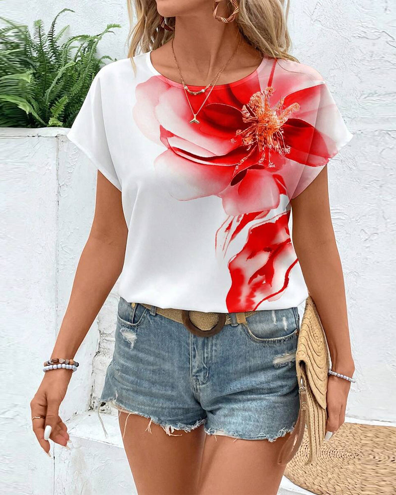 Round Neck Printed Short Sleeve Casual Blouse