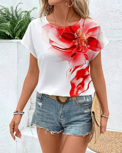 Round Neck Printed Short Sleeve Casual Blouse