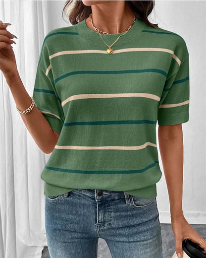 Stripe Contrast Color Short Sleeve Knit Pullover