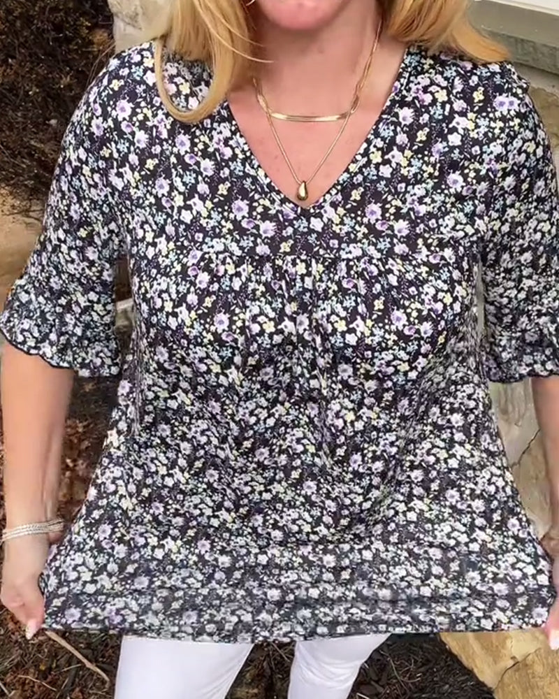 Half-Sleeved V-Neck Floral Blouse