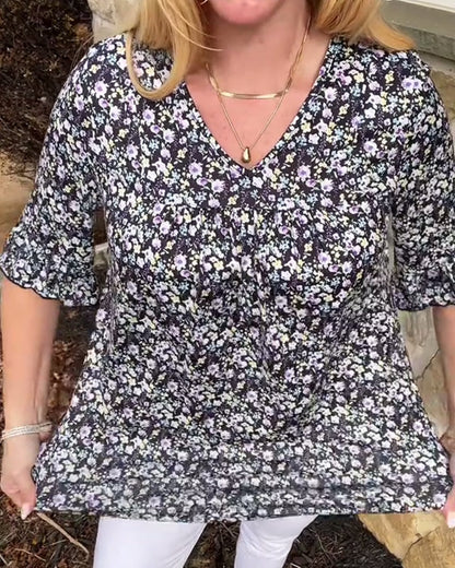 Half-Sleeved V-Neck Floral Blouse