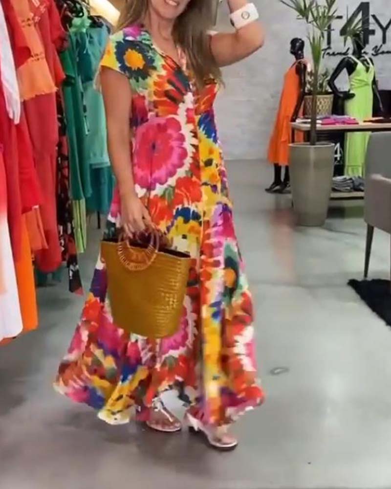 Colorful Floral Print Pocket Dress