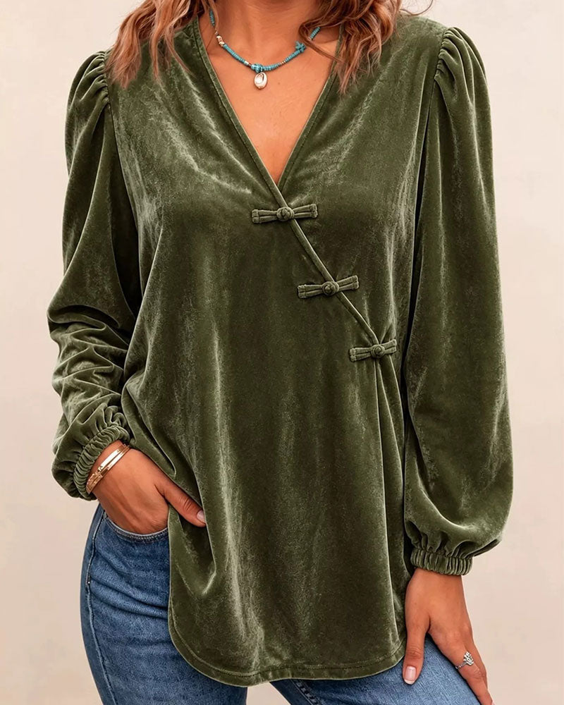 V-Neck Button Front Cross Over Puff Sleeve Blouse 2024 f/w tops