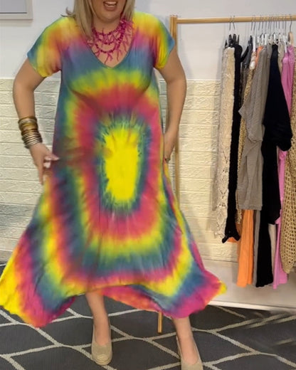 Colorful tie-dye V-neck short-sleeved dress casual dresses summer