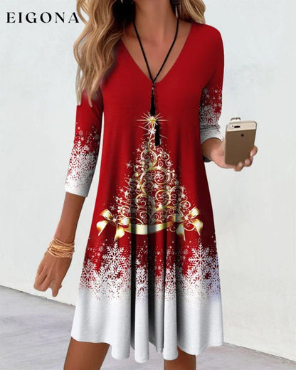 Long-Sleeved Printed V-Neck Knee-Length Dress 23BF casual dresses christmas Clothes Dresses fall winter