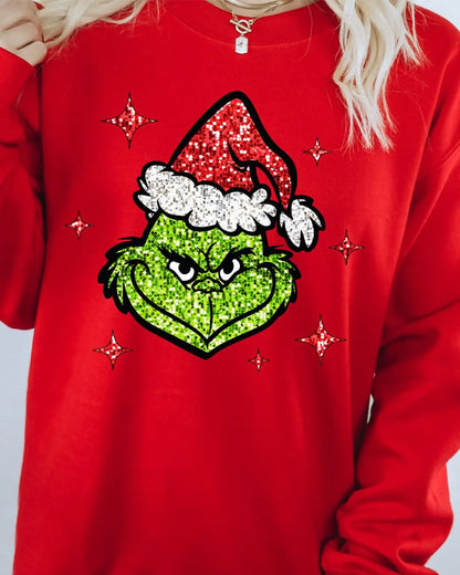 Faux glitter grinch face christmas sweatshirt 2024 f/w christmas grinch sweatshirts