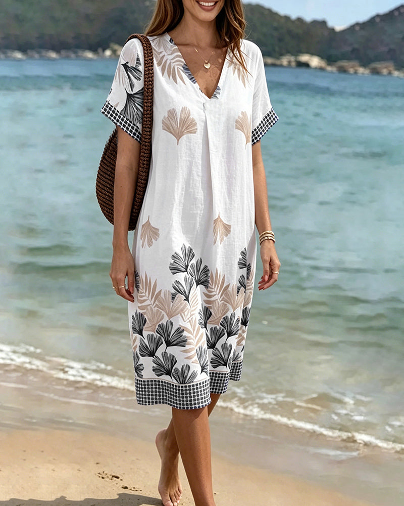 Elegant Sophisticated Ginkgo Print Dress
