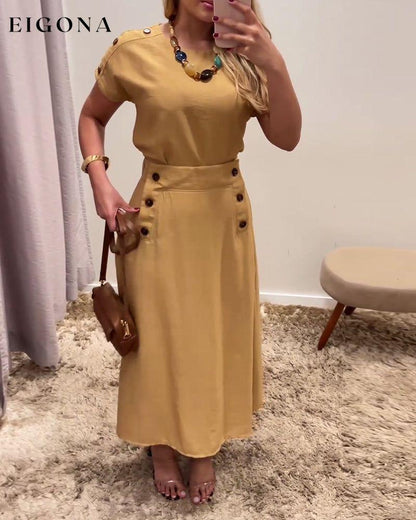 Solid color stitching button elegant dress casual dresses summer