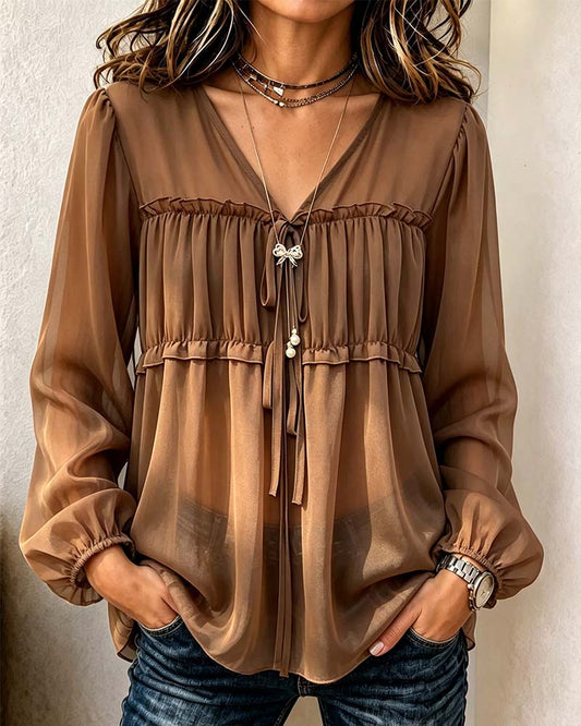 V-Neck Lantern Sleeve Pleated Blouse 2024f/w blouses & shirts spring