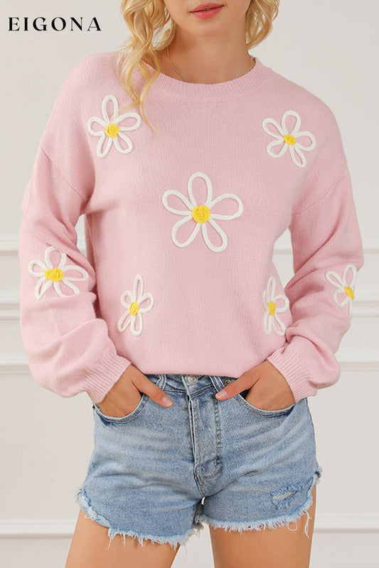 Pink Chenille Daisy Stitching Crew Neck Sweater Pink 50%Viscose+28%Polyester+22%Polyamide clothes Sweater sweaters Sweatshirt