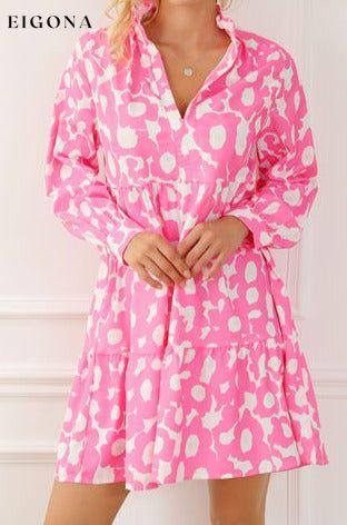 Printed Long Sleeve Tiered Mini Dress Fuchsia Pink casual dress casual dresses clothes dress dresses long sleeve dresses Ship From Overseas short dresses SYNZ