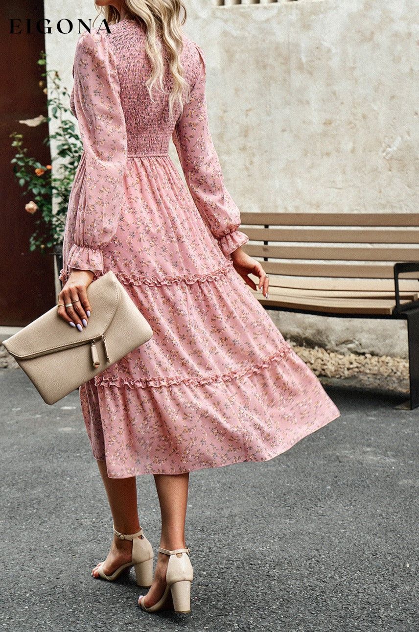 Smocked Flounce Sleeve Midi Dress clothes DY Ship From Overseas trendsi