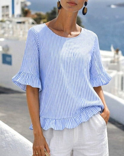 Striped Ruffled Mid-Sleeve Blouse