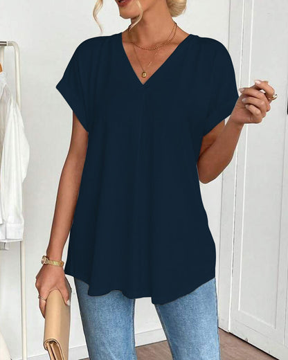 Short-Sleeved Solid Color Patchwork T-Shirt