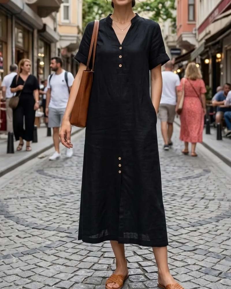 V-Neck Short Sleeve Button Dress