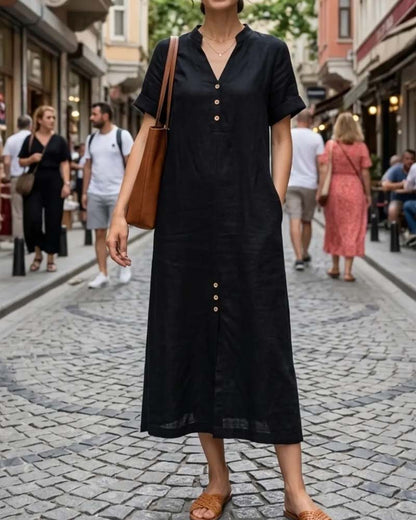 V-Neck Short Sleeve Button Dress