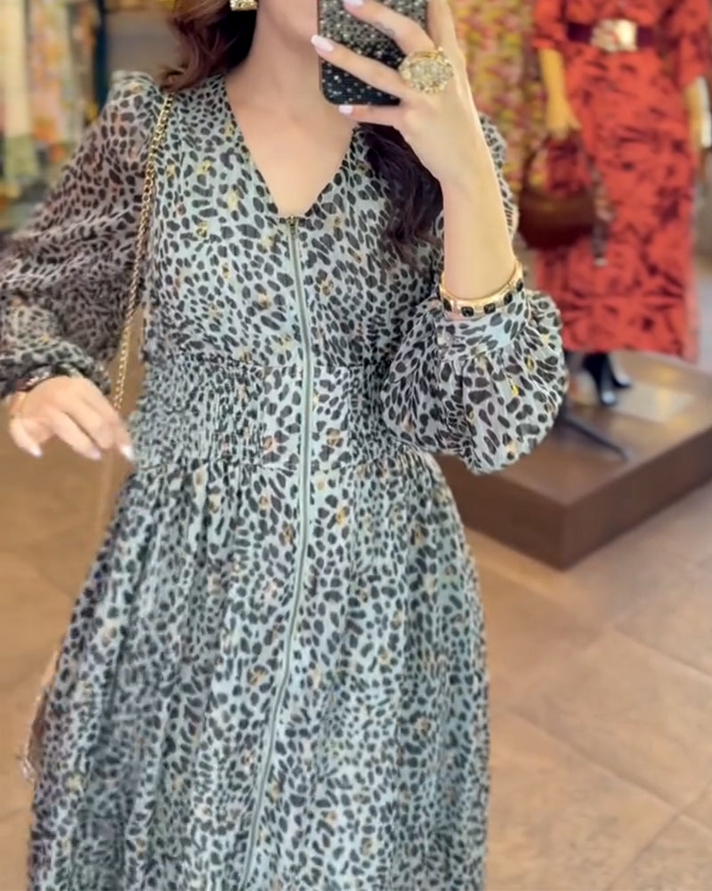 Puff Sleeve V-Neck Printed Dress