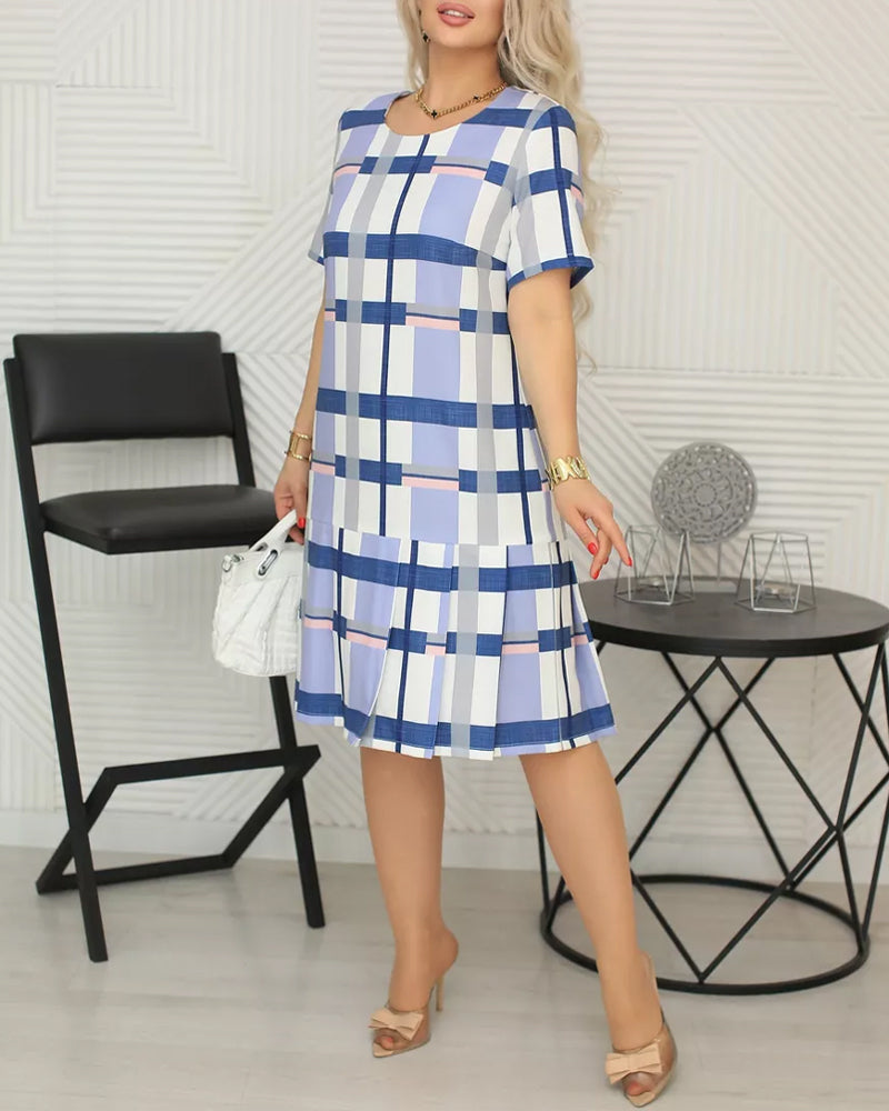 Casual round neck plaid print patchwork dress 202466 casual dresses spring summer