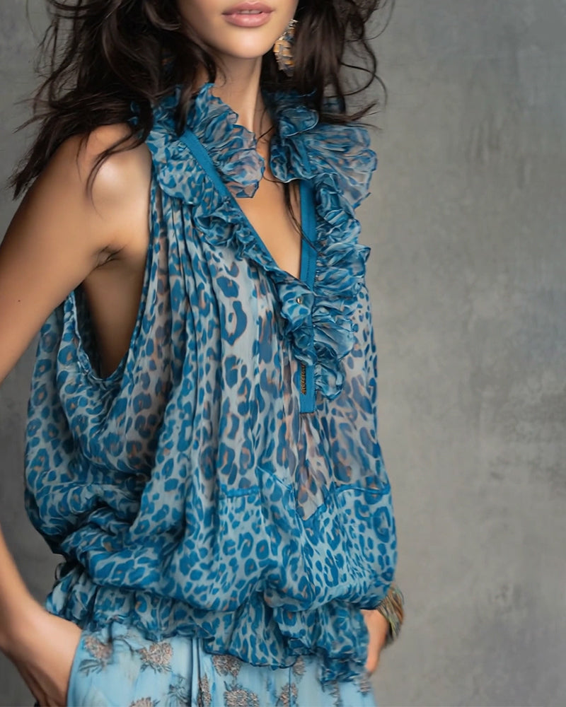 Ruffle Sleeveless Zipper Leopard Print Tank Top