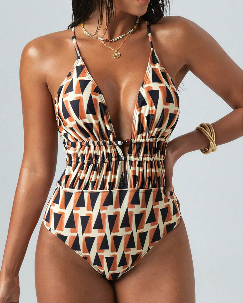 Sexy Cross Strap Printed Pleated One-Piece Swimsuit