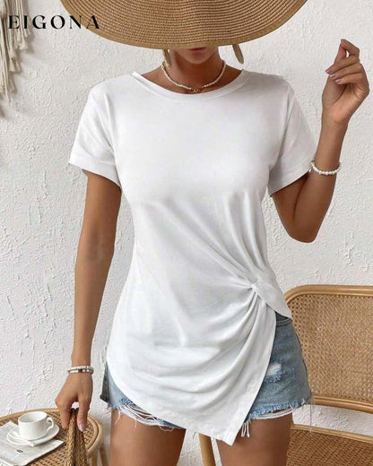 Solid color pleated round neck short-sleeve T-shirt spring summer T-SHIRTS