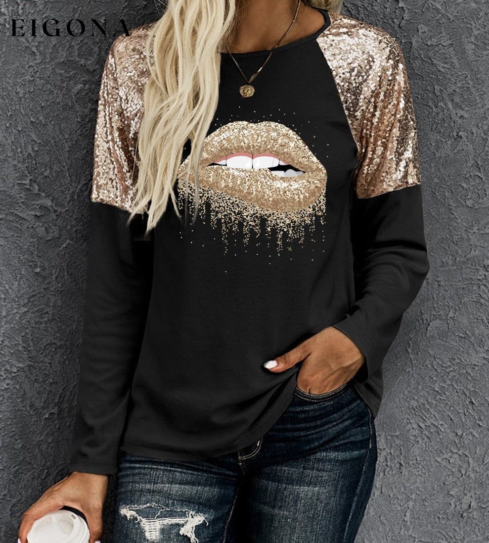 Lip Graphic Sequin Long Sleeve T-Shirt clothes Ship From Overseas shirt sweatshirt SYNZ top trend