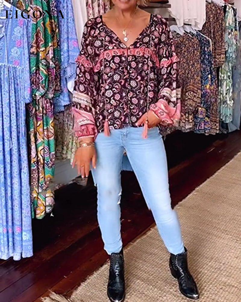 V-neck printed tassel long-sleeve top blouses & shirts spring summer