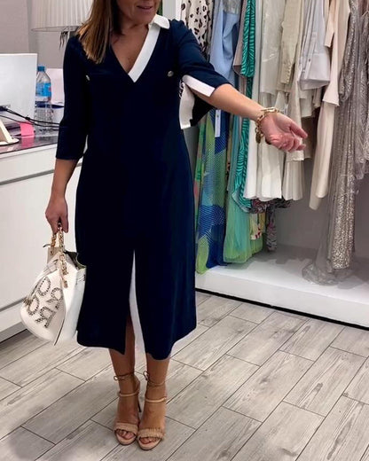 Fashion lapel deep v slit dress 2024 f/w casual dresses spring