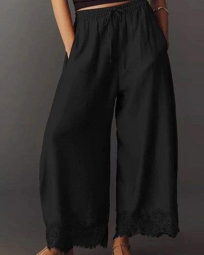 Elastic Waist Lace-Panel Casual Pants