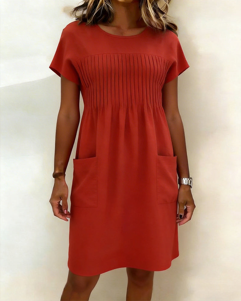 Pleated Pocket Short Sleeve Dress
