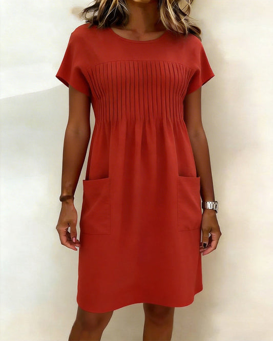 Pleated Pocket Short Sleeve Dress