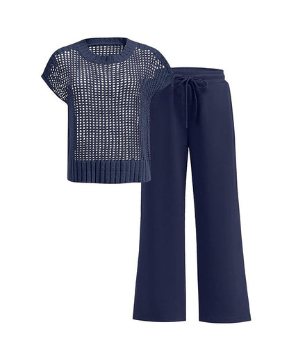 Crew Neck Short Sleeve Hollow-Out Pullover Set
