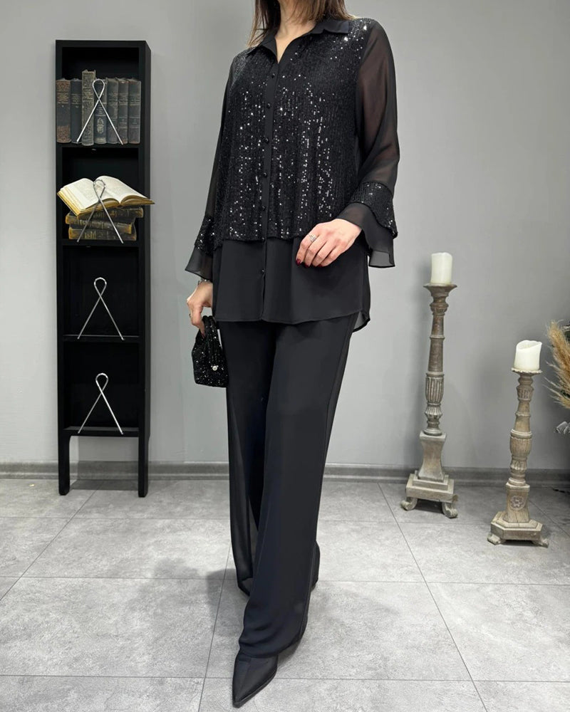 Lapel Buttoned Ruffle See-Through Top autumn spring top