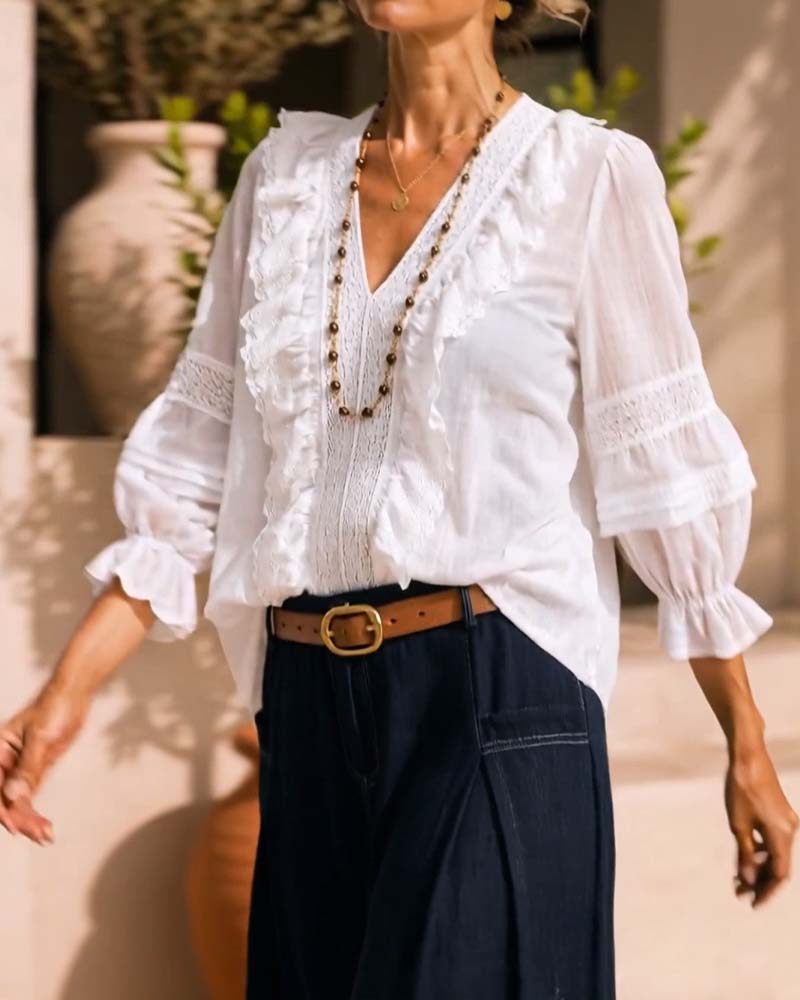 V-Neck Solid Color Lace Blouse blouses & shirts spring summer