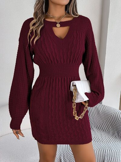 Cable-Knit Cutout Round Neck Slit Long Sleeve Sweater Dress Wine B.J.S clothes dress dresses long sleeve dress long sleeve dresses Ship From Overseas short dresses