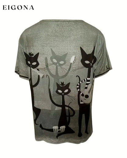 Cat print casual short sleeve top blouses & shirts summer