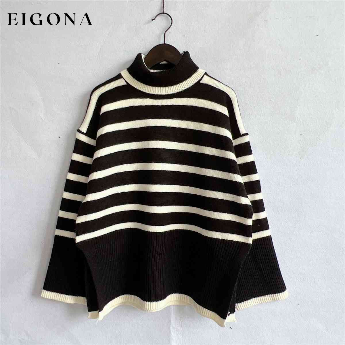 Striped Turtleneck Flare Sleeve Sweater Black clothes S.X Ship From Overseas