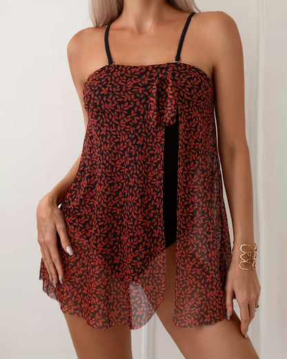 Double-Layer Leaf Print One-Piece