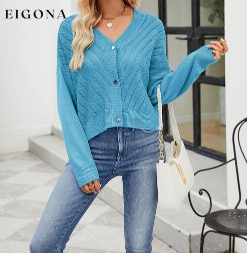 Eyelet Button Front Long Sleeve Sweater Cardigan Sky Blue cardigan cardigans clothes Ship From Overseas Sweater sweaters X.X.W