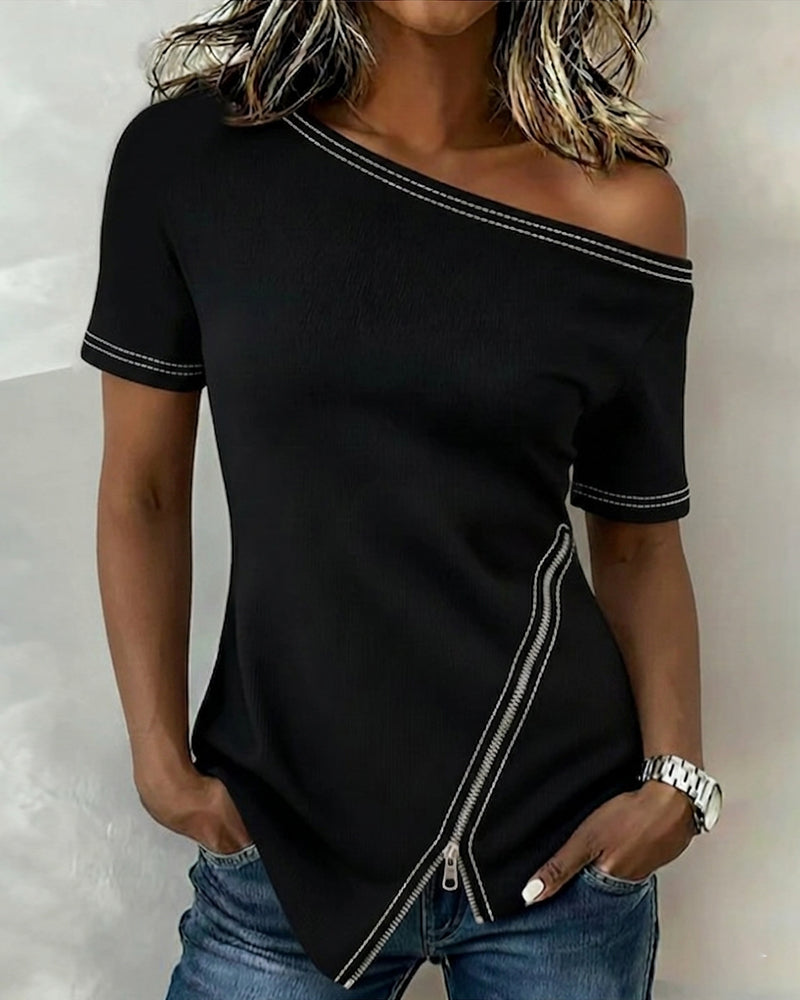 Off-Shoulder Zip Irregular T-Shirt