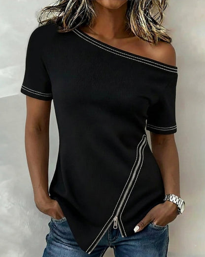 Off-Shoulder Zip Irregular T-Shirt