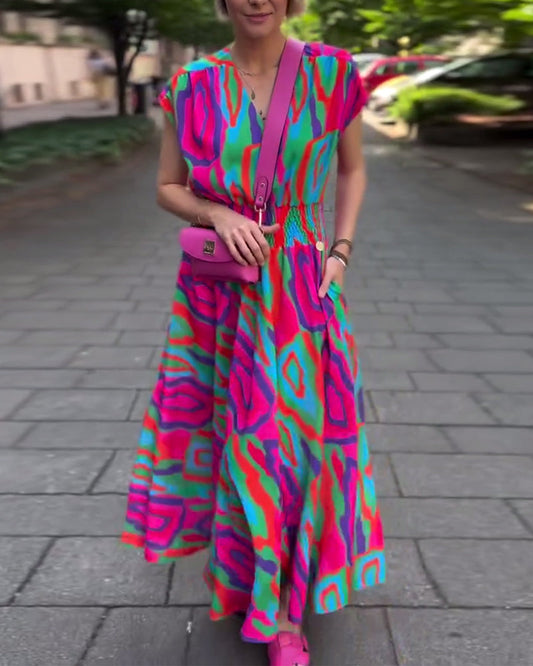 Colorful printed V-neck raglan sleeves long dress