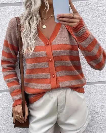 Long-Sleeved Striped V-Neck Cardigan