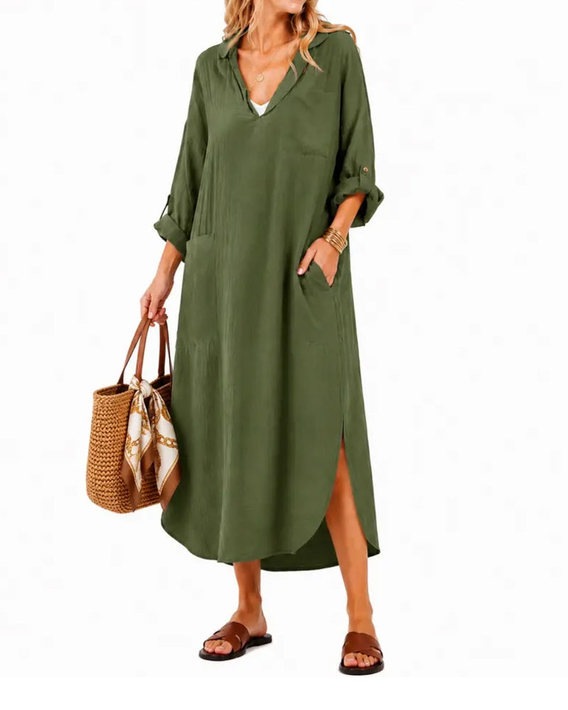 Lapel V-Neck Pocket Slit Dress autumn casual dresses spring