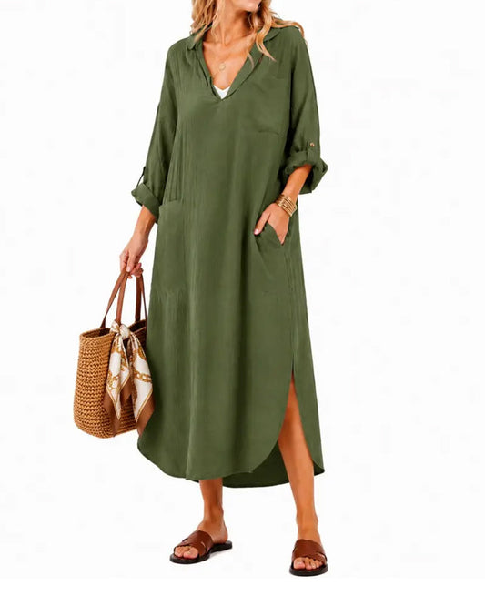 Lapel V-Neck Pocket Slit Dress autumn casual dresses spring